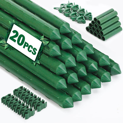 Garden Stakes 20 Pack, 16 Inch Plastic Coated Metal Plant Support Stakes, Sturdy Tomato Stakes with 14 Connectors 14 Rotatable Clips 14 Plant Clips for Indoor Outdoor Vegetables