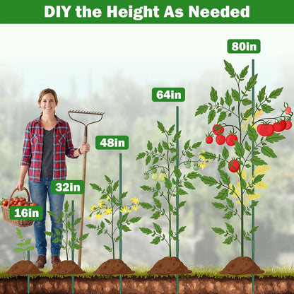 Garden Stakes 20 Pack, 16 Inch Plastic Coated Metal Plant Support Stakes, Sturdy Tomato Stakes with 14 Connectors 14 Rotatable Clips 14 Plant Clips for Indoor Outdoor Vegetables