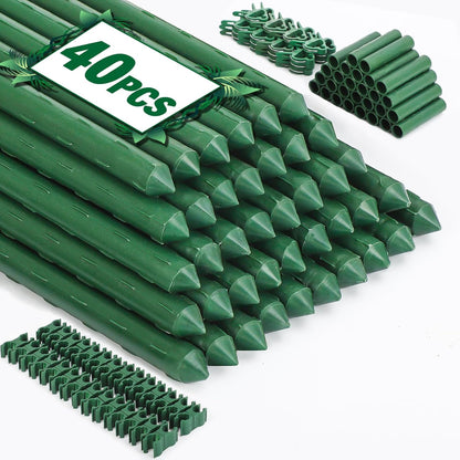 Garden Stakes 20 Pack, 16 Inch Plastic Coated Metal Plant Support Stakes, Sturdy Tomato Stakes with 14 Connectors 14 Rotatable Clips 14 Plant Clips for Indoor Outdoor Vegetables