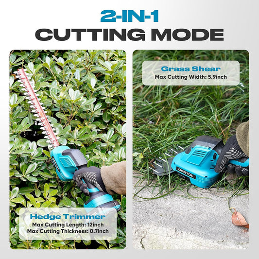 2-in-1 Cordless Hedge Trimmer & Grass Shears, Compatible with Makita 18V Battery, 20V Handheld Bush Trimmer with 12" & 6" Blades, Battery & Charger Included, Lightweight Bush Clipper for Yard