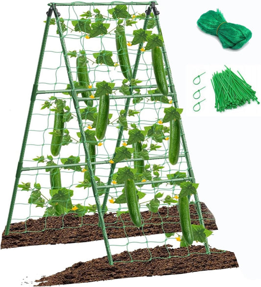 Cucumber Trellis for Raised Bed, Small Foldable A-Frame Garden Trellis for Climbing Plants Outdoor,Plastic-Coated Steel Core for Cucumber Beans and Vine Type Plants ﻿ (Green, 15x47in)
