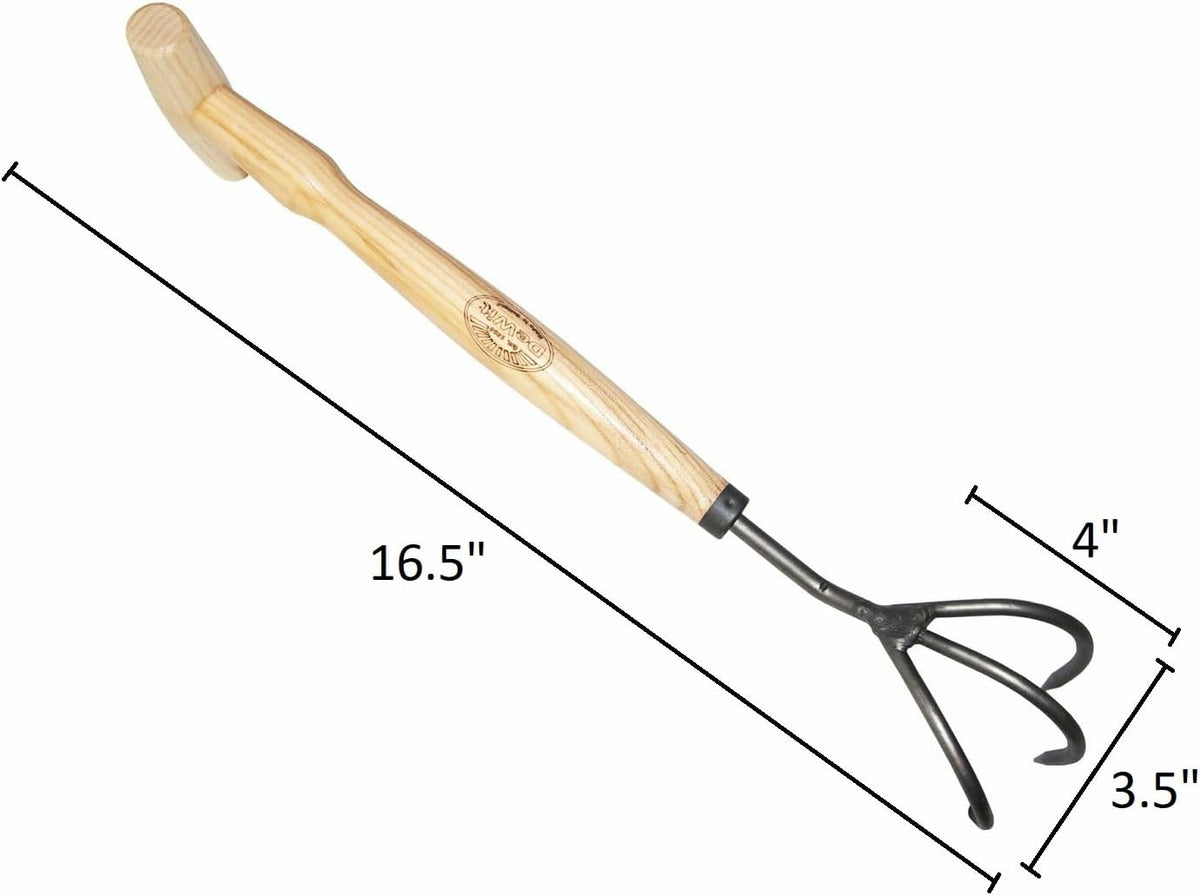 Dewit Cultivator Hand Tiller - 3-Tine, Short Handle, Works as Hoe - 11.5 in - Steel/Wood