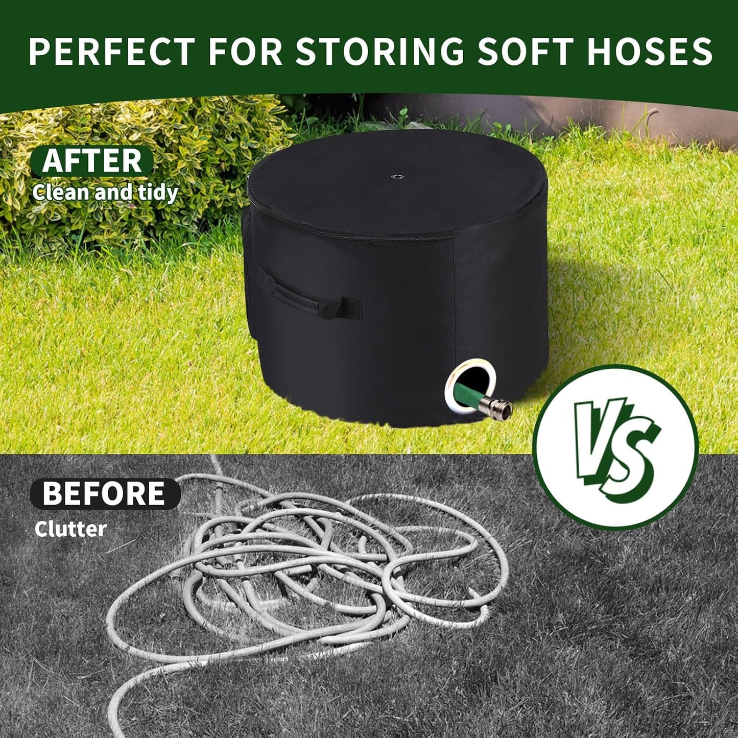 Garden Water Hose Holder Storage Bag Pot，Water Hose Hider，Holds 150 ft Hose ,Bottom With Drain Holes，Patio and Indoor-Black
