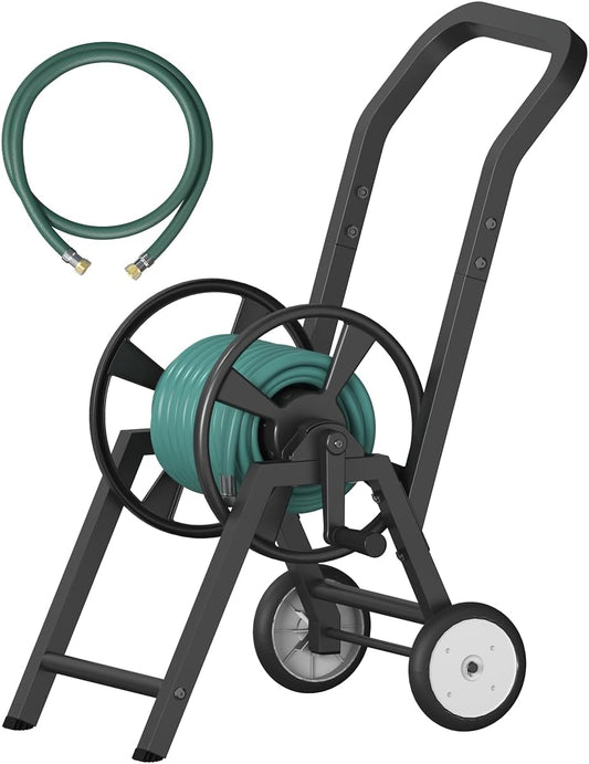 Garden Hose Reel Cart with Wheels, Holds 165 ft of 5/8’’ Hose Outdoor Heavy Duty Powder-coated Steel Water Storage Holder Rack with 3.9 Ft Leader Hose for Outside Lawn Yard, Black