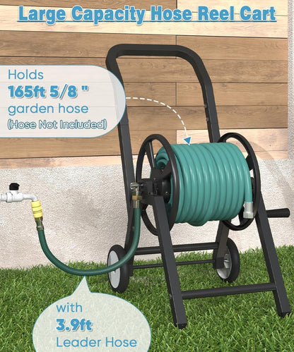 Garden Hose Reel Cart with Wheels, Holds 165 ft of 5/8’’ Hose Outdoor Heavy Duty Powder-coated Steel Water Storage Holder Rack with 3.9 Ft Leader Hose for Outside Lawn Yard, Black