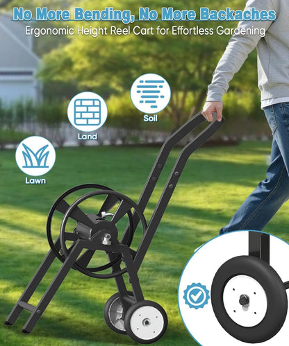 Garden Hose Reel Cart with Wheels, Holds 165 ft of 5/8’’ Hose Outdoor Heavy Duty Powder-coated Steel Water Storage Holder Rack with 3.9 Ft Leader Hose for Outside Lawn Yard, Black