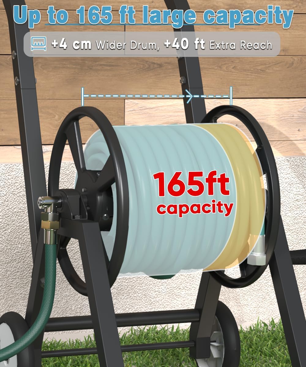 Garden Hose Reel Cart with Wheels, Holds 165 ft of 5/8’’ Hose Outdoor Heavy Duty Powder-coated Steel Water Storage Holder Rack with 3.9 Ft Leader Hose for Outside Lawn Yard, Black
