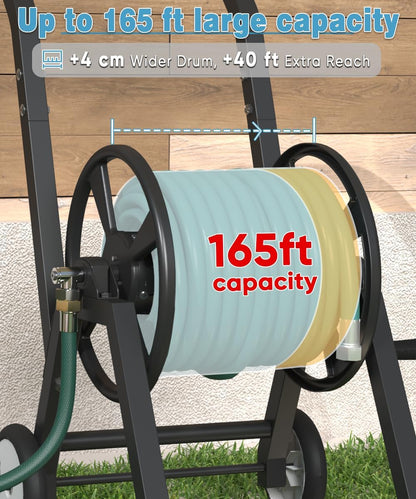 Garden Hose Reel Cart with Wheels, Holds 165 ft of 5/8’’ Hose Outdoor Heavy Duty Powder-coated Steel Water Storage Holder Rack with 3.9 Ft Leader Hose for Outside Lawn Yard, Black