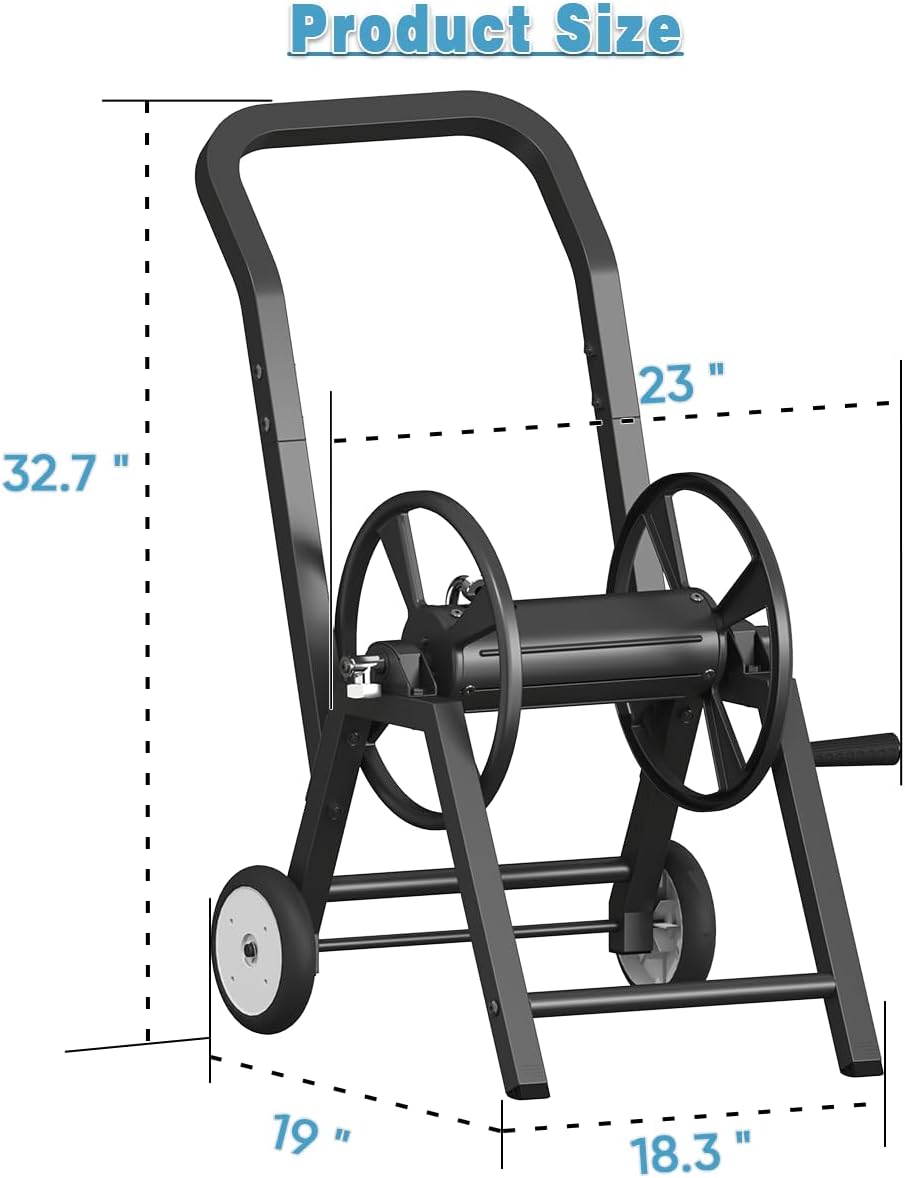 Garden Hose Reel Cart with Wheels, Holds 165 ft of 5/8’’ Hose Outdoor Heavy Duty Powder-coated Steel Water Storage Holder Rack with 3.9 Ft Leader Hose for Outside Lawn Yard, Black