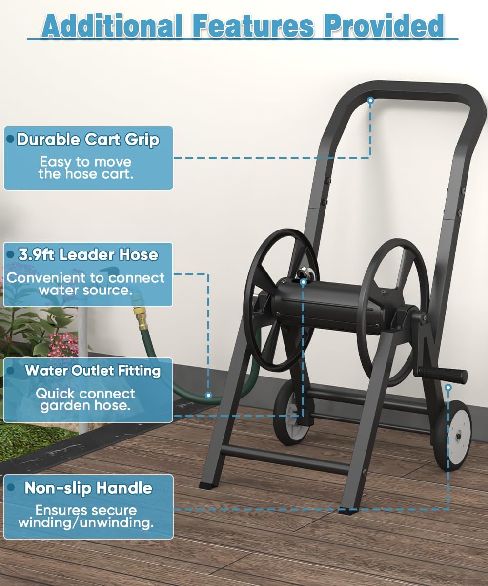 Garden Hose Reel Cart with Wheels, Holds 165 ft of 5/8’’ Hose Outdoor Heavy Duty Powder-coated Steel Water Storage Holder Rack with 3.9 Ft Leader Hose for Outside Lawn Yard, Black