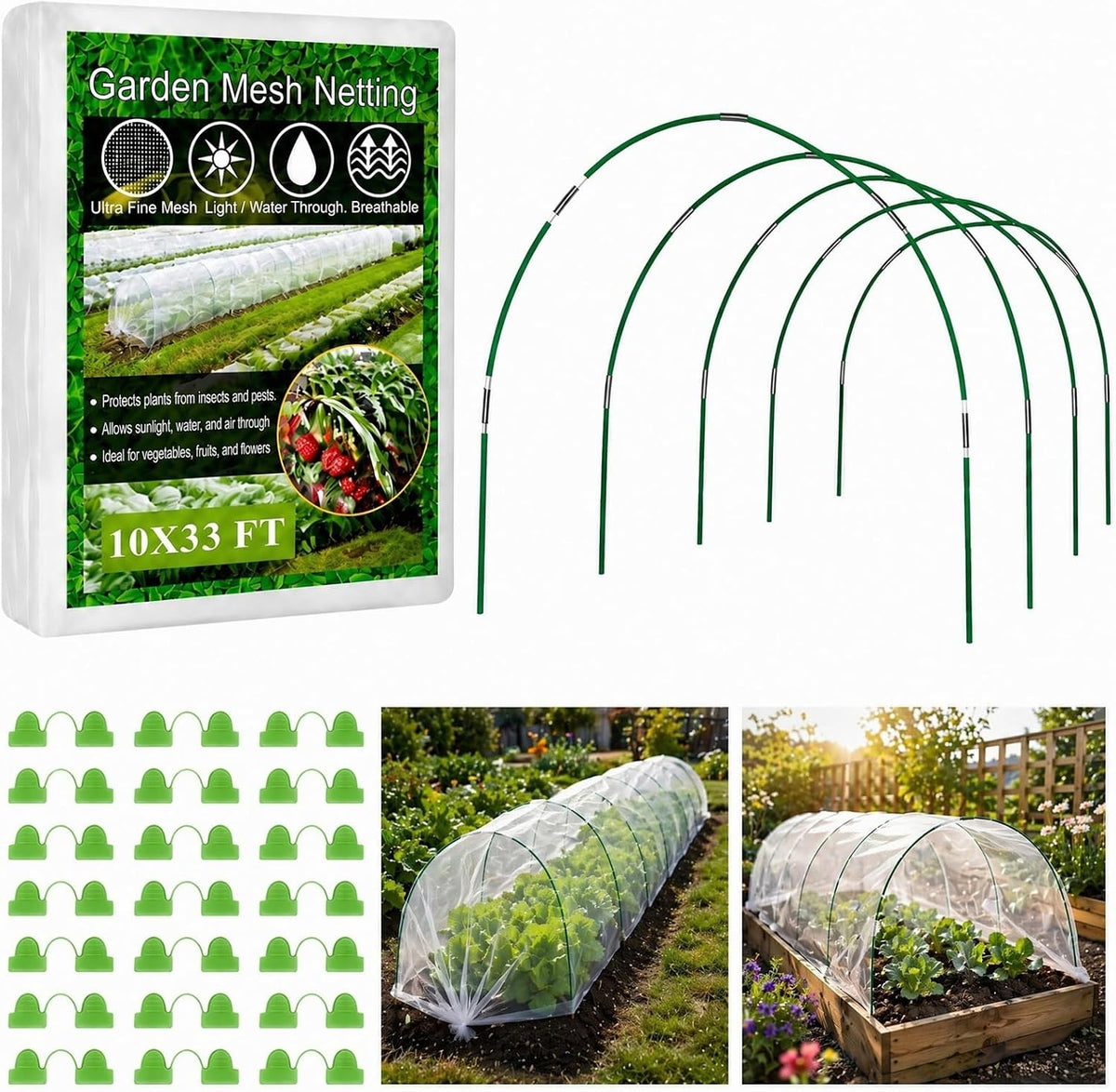 Garden Netting Kit, 10x30FT Ultra Fine Mesh Netting & 6 Sets 8FT Garden Hoops, Bird & Insect Netting for Garden Plant Covers, Garden Netting Kit for Raised Beds Greenhouse Row Cover Animal Protection