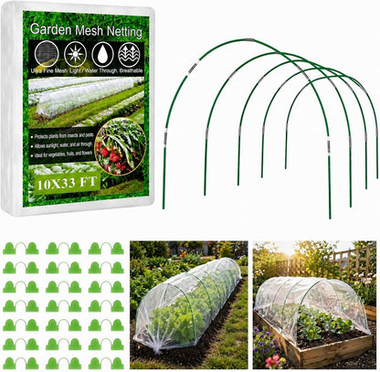 Garden Netting Kit, 10x30FT Ultra Fine Mesh Netting & 6 Sets 8FT Garden Hoops, Bird & Insect Netting for Garden Plant Covers, Garden Netting Kit for Raised Beds Greenhouse Row Cover Animal Protection