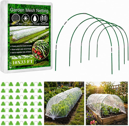 Garden Netting Kit, 10x30FT Ultra Fine Mesh Netting & 6 Sets 8FT Garden Hoops, Bird & Insect Netting for Garden Plant Covers, Garden Netting Kit for Raised Beds Greenhouse Row Cover Animal Protection