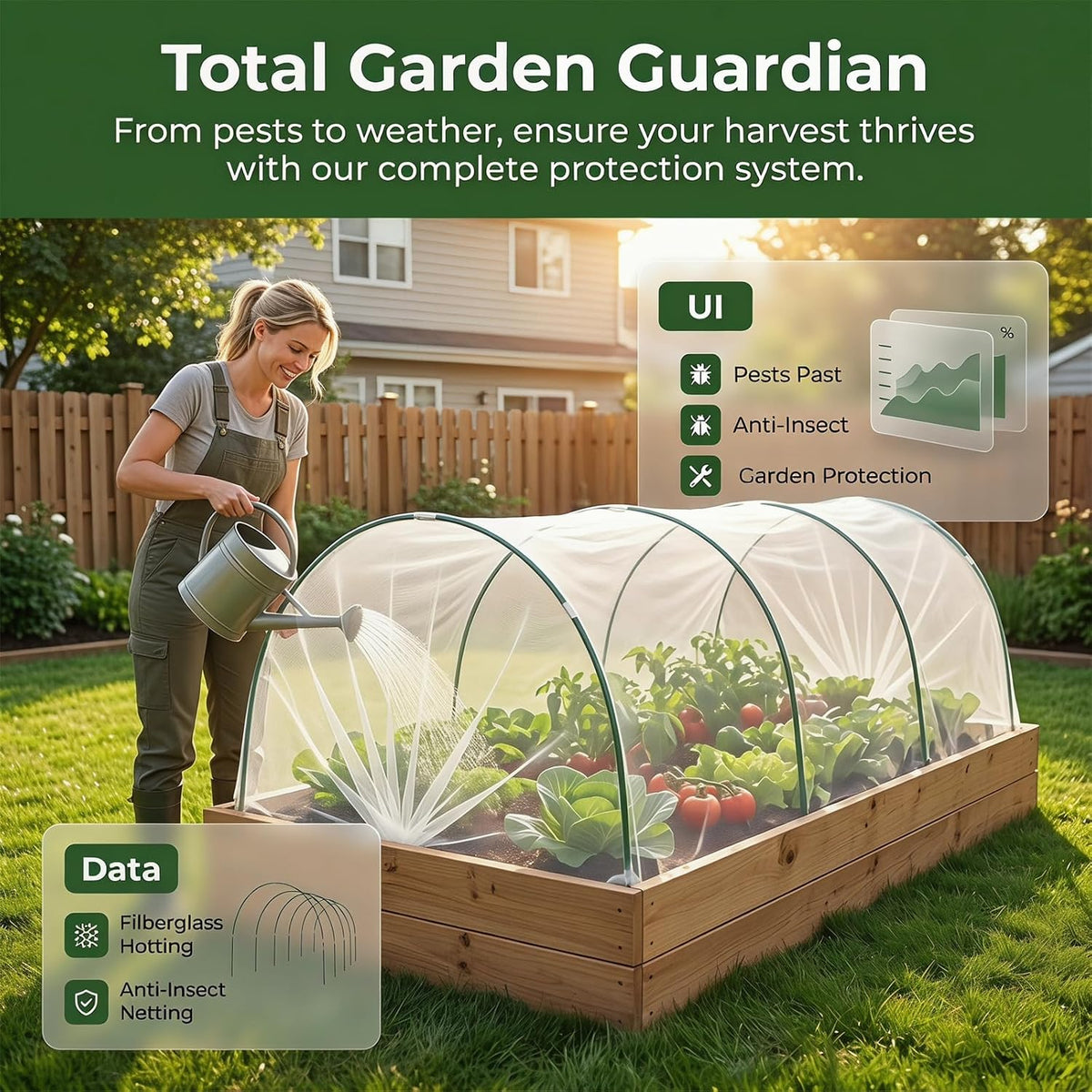Garden Netting Kit, 10x30FT Ultra Fine Mesh Netting & 6 Sets 8FT Garden Hoops, Bird & Insect Netting for Garden Plant Covers, Garden Netting Kit for Raised Beds Greenhouse Row Cover Animal Protection