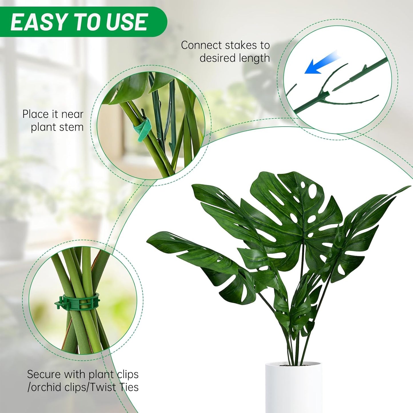 10 Plant Support Stakes for Indoor Plants with Clips & Plant Tie