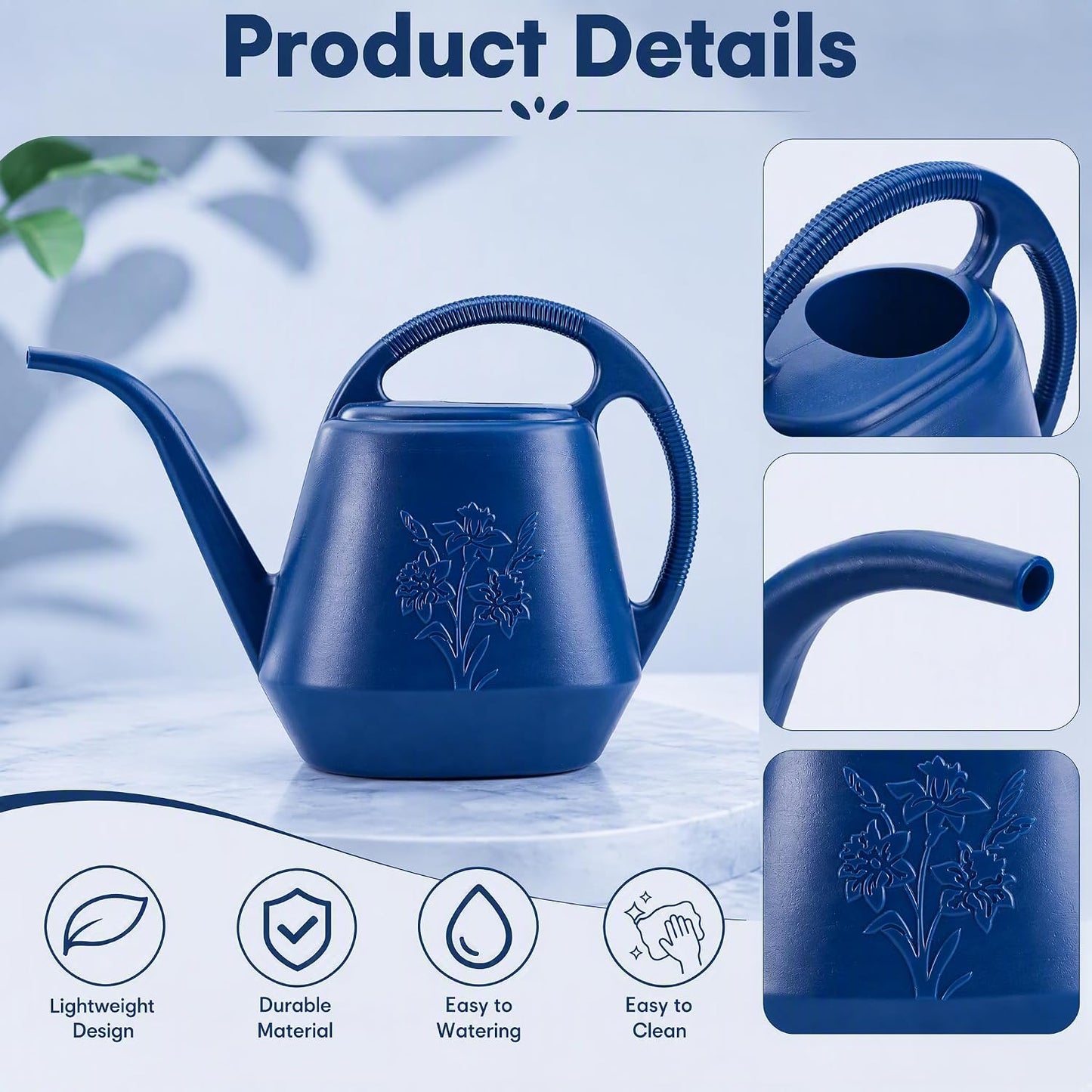 1-Gallon Plastic Watering Can with Comfortable Handle, Garden Watering Cans Long Spout for Indoor Outdoor Watering Plants, Blue