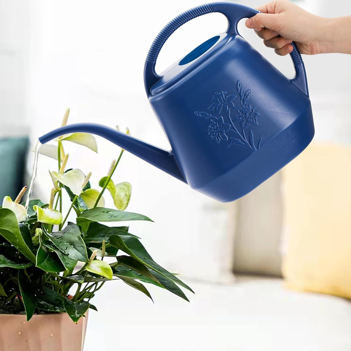 1-Gallon Plastic Watering Can with Comfortable Handle, Garden Watering Cans Long Spout for Indoor Outdoor Watering Plants, Blue
