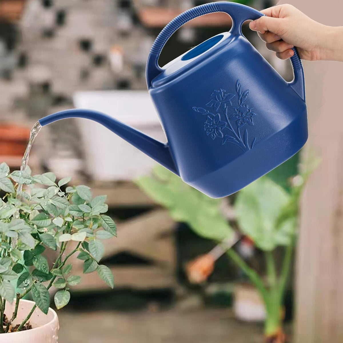 1-Gallon Plastic Watering Can with Comfortable Handle, Garden Watering Cans Long Spout for Indoor Outdoor Watering Plants, Blue