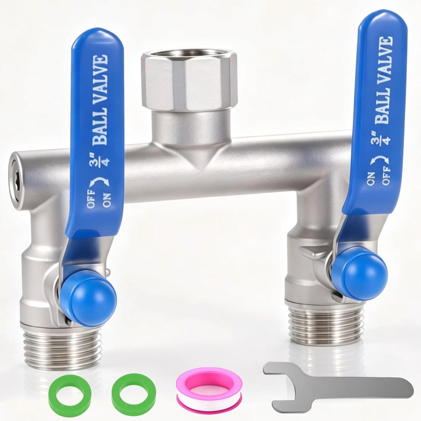 304 Stainless Steel Garden Hose Splitter 2 Way Heavy Duty, Full Flow Hose Splitter with Long Handle,Lead-free T Valve Rust and Freeze Resistant,3/4" GHT Threads