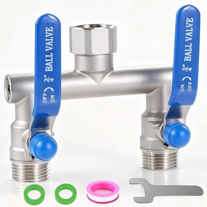 304 Stainless Steel Garden Hose Splitter 2 Way Heavy Duty, Full Flow Hose Splitter with Long Handle,Lead-free T Valve Rust and Freeze Resistant,3/4" GHT Threads