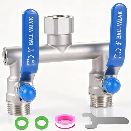 304 Stainless Steel Garden Hose Splitter 2 Way Heavy Duty, Full Flow Hose Splitter with Long Handle,Lead-free T Valve Rust and Freeze Resistant,3/4" GHT Threads
