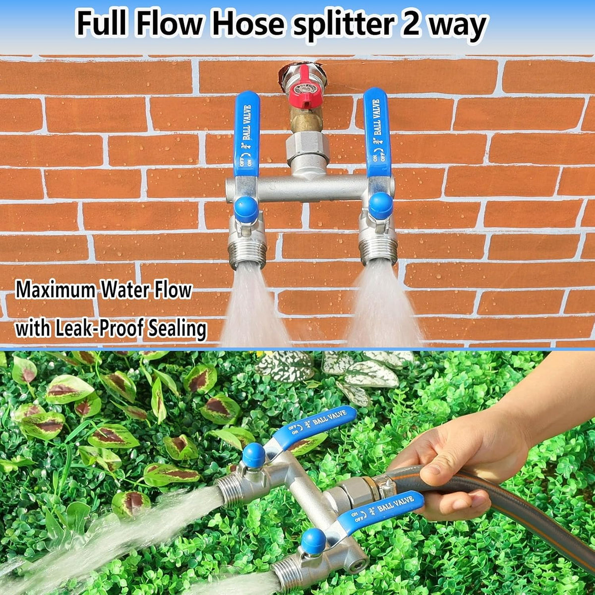 304 Stainless Steel Garden Hose Splitter 2 Way Heavy Duty, Full Flow Hose Splitter with Long Handle,Lead-free T Valve Rust and Freeze Resistant,3/4" GHT Threads