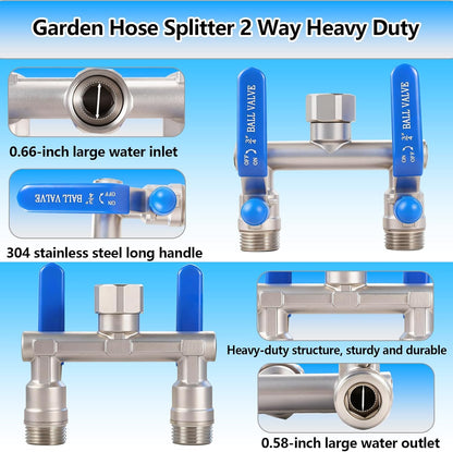 304 Stainless Steel Garden Hose Splitter 2 Way Heavy Duty, Full Flow Hose Splitter with Long Handle,Lead-free T Valve Rust and Freeze Resistant,3/4" GHT Threads