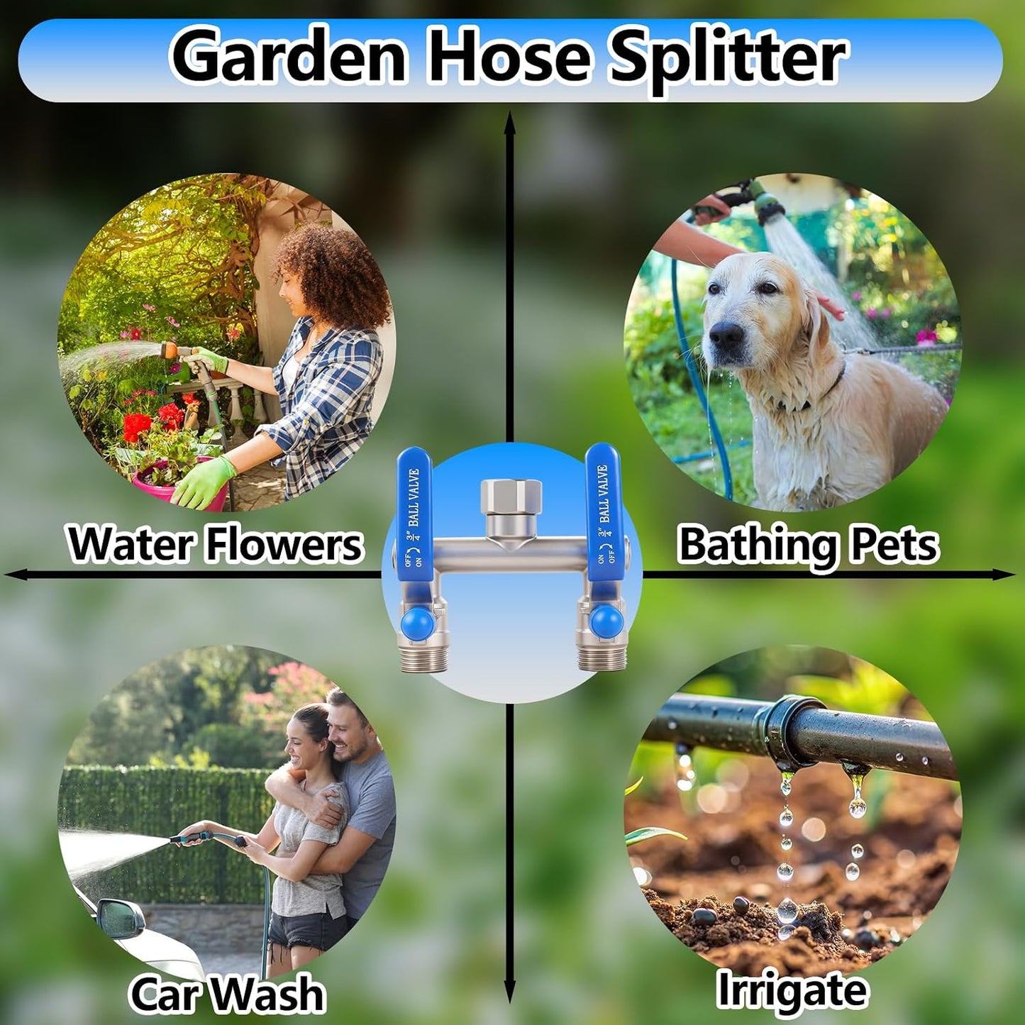 304 Stainless Steel Garden Hose Splitter 2 Way Heavy Duty, Full Flow Hose Splitter with Long Handle,Lead-free T Valve Rust and Freeze Resistant,3/4" GHT Threads