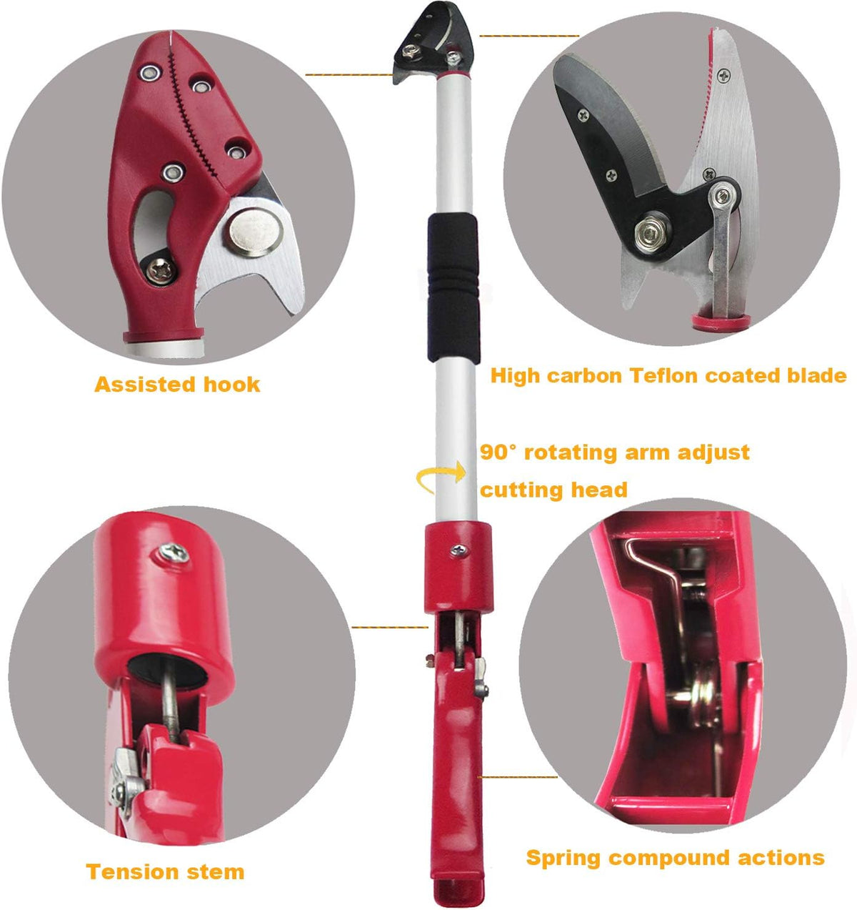 6FT Long Reach Pruner and Fruit Picker with Cut & Hold Feature, Lightweight 1.43lb Aluminum Pole with 90° Rotating Head, High Carbon Steel Sharp Blade, Ergonomic Tree Trimmer for High Branches