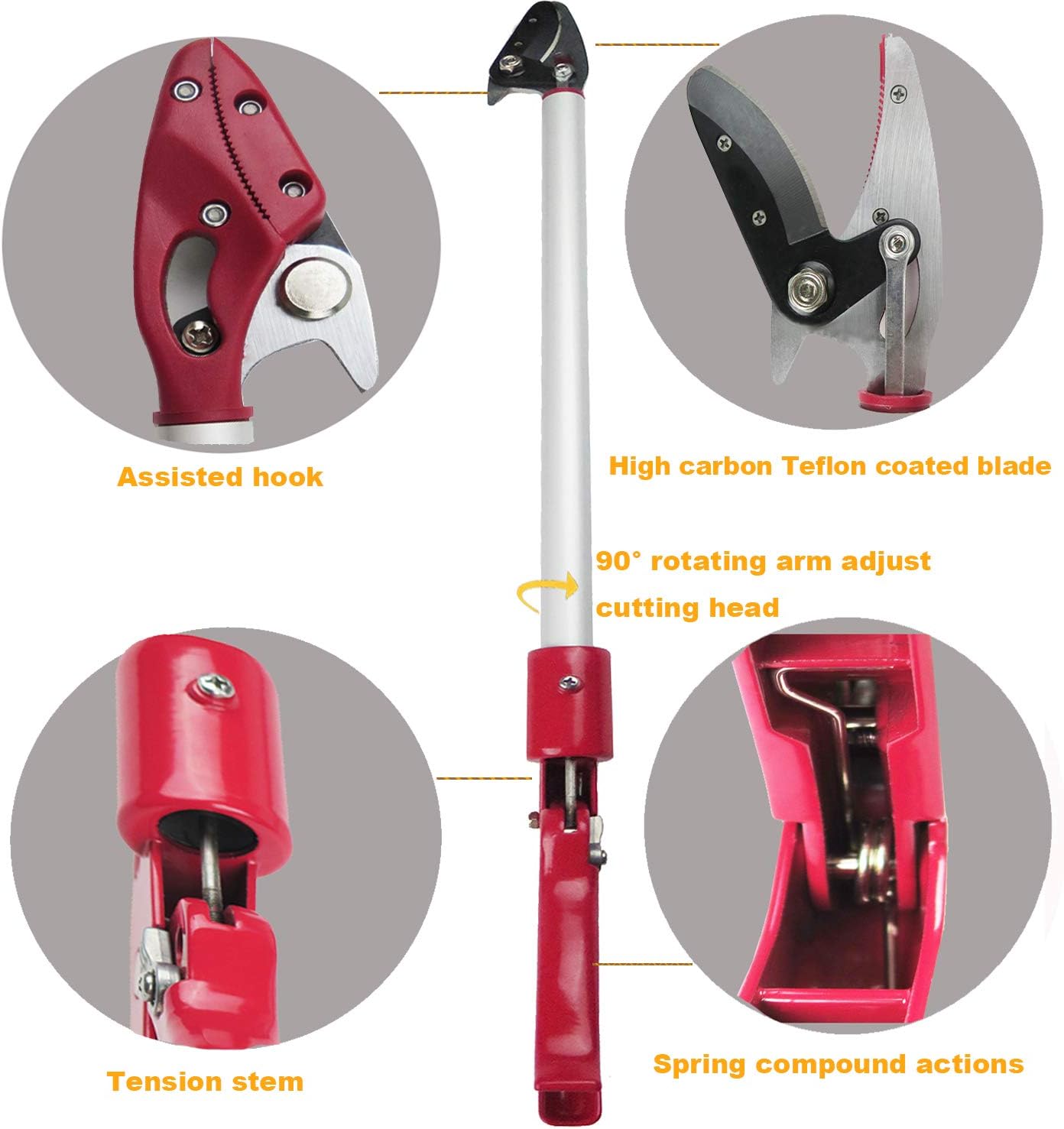 6FT Long Reach Pruner and Fruit Picker with Cut & Hold Feature, Lightweight 1.43lb Aluminum Pole with 90° Rotating Head, High Carbon Steel Sharp Blade, Ergonomic Tree Trimmer for High Branches