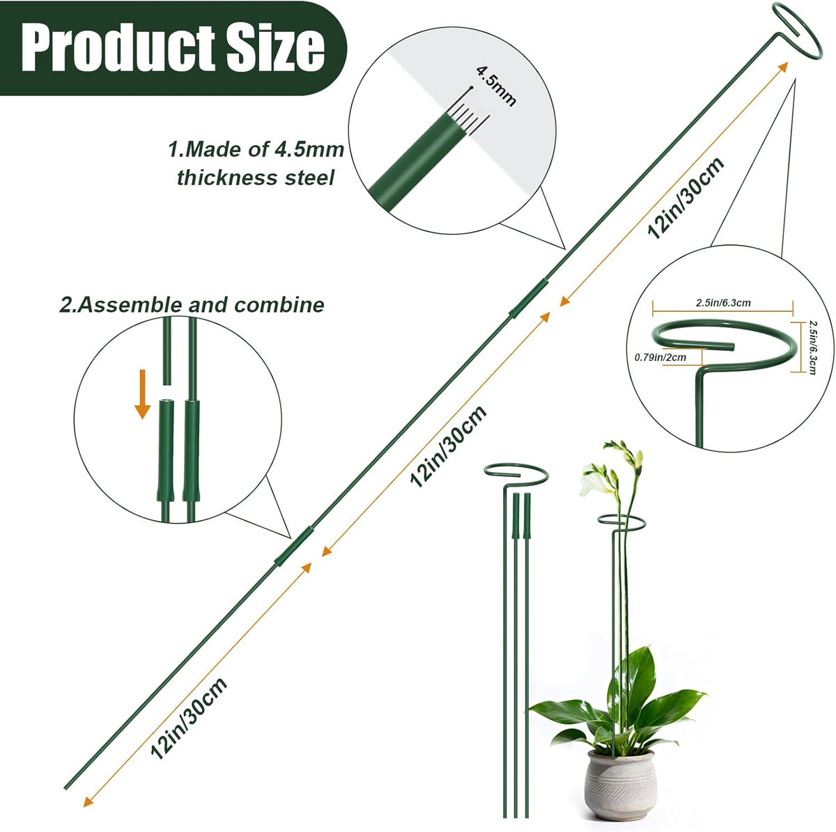 4.5mm Adjustable 12or24in Plant Stakes 4 Sets, Garden Supports with Clips