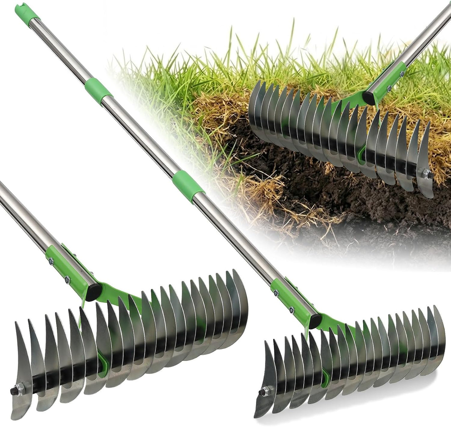 Heavy Duty Thatch Rake for Lawns - 13” Deep-Clean Dethatching Rake for Dead Grass & Moss Removal, Dual-Sided Manual Dethatcher and Scarifier Tool, 65" Long Metal Handle for Garden Yard Lawn Care