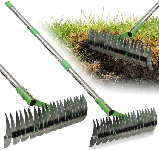 Heavy Duty Thatch Rake for Lawns - 13” Deep-Clean Dethatching Rake for Dead Grass & Moss Removal, Dual-Sided Manual Dethatcher and Scarifier Tool, 65" Long Metal Handle for Garden Yard Lawn Care