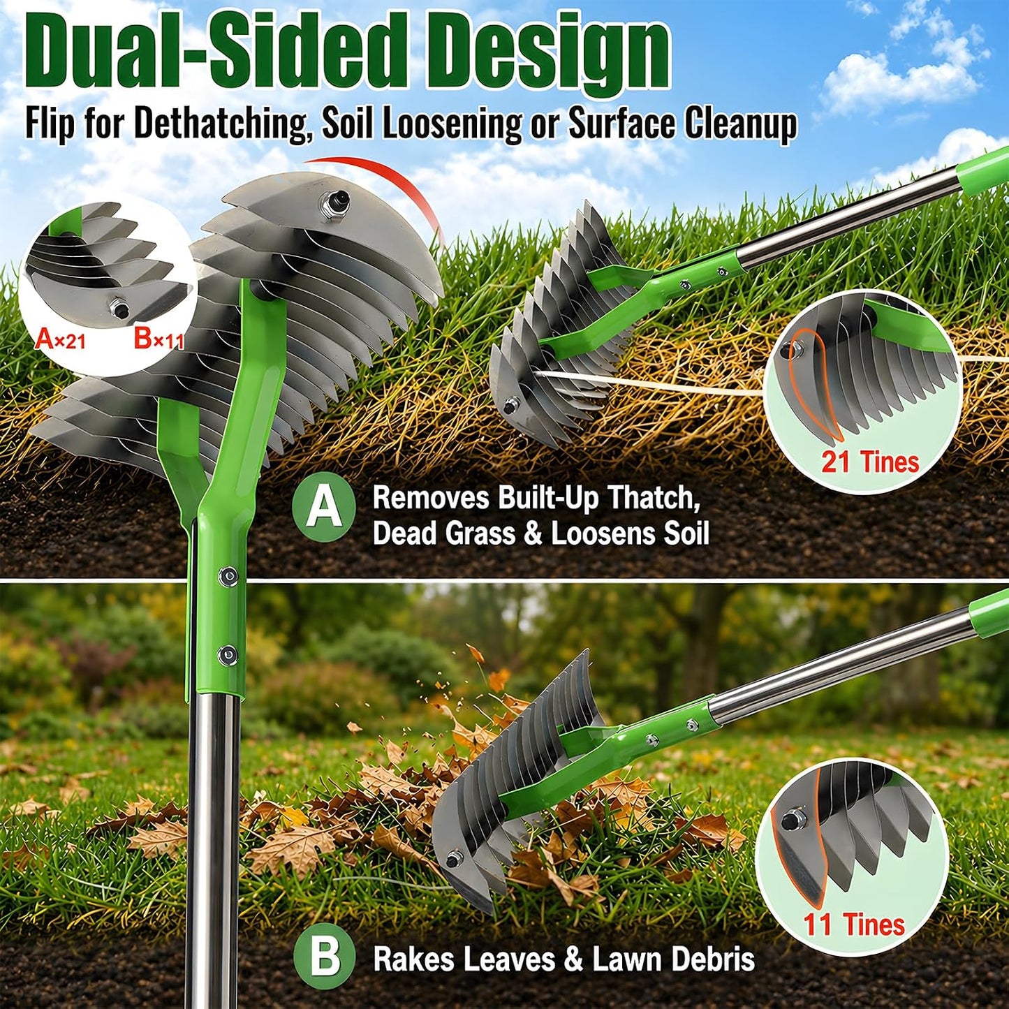 Heavy Duty Thatch Rake for Lawns - 13” Deep-Clean Dethatching Rake for Dead Grass & Moss Removal, Dual-Sided Manual Dethatcher and Scarifier Tool, 65" Long Metal Handle for Garden Yard Lawn Care