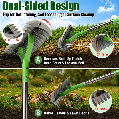 Heavy Duty Thatch Rake for Lawns - 13” Deep-Clean Dethatching Rake for Dead Grass & Moss Removal, Dual-Sided Manual Dethatcher and Scarifier Tool, 65" Long Metal Handle for Garden Yard Lawn Care