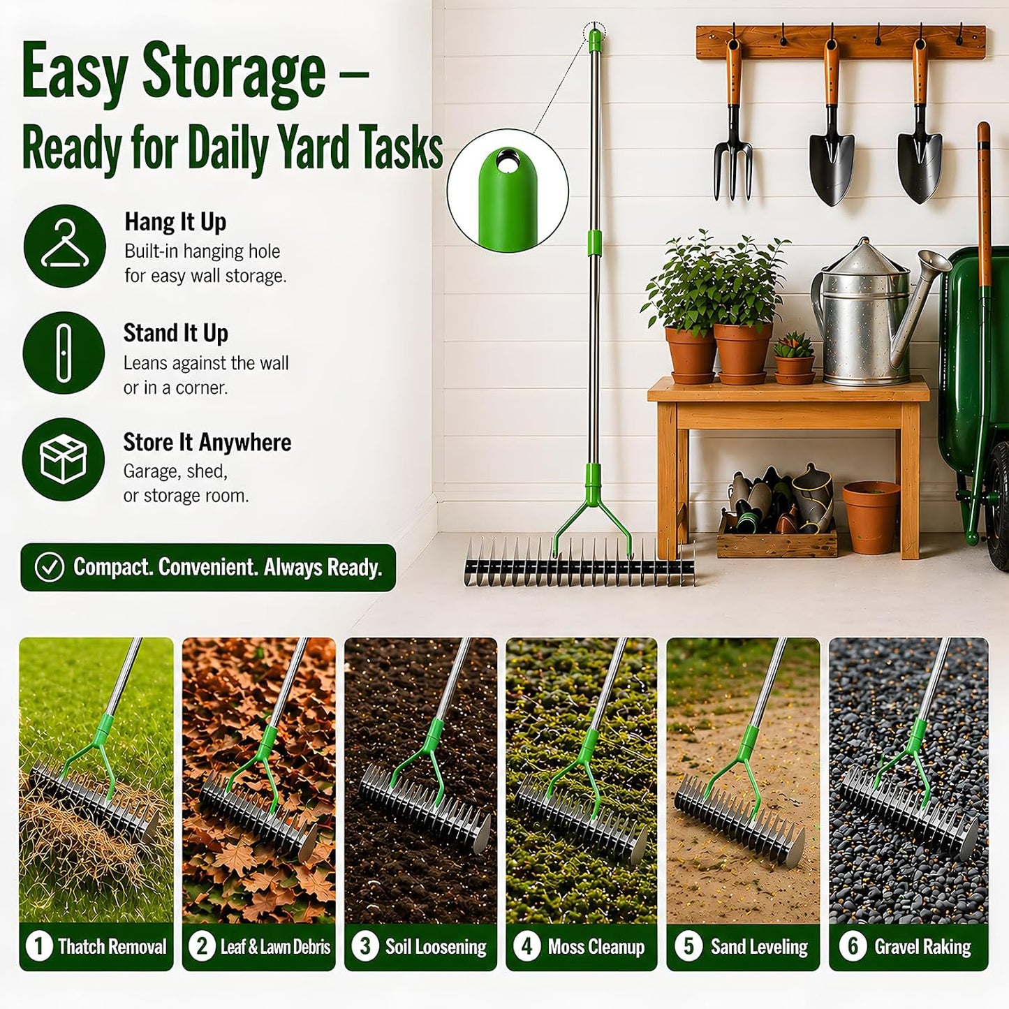 Heavy Duty Thatch Rake for Lawns - 13” Deep-Clean Dethatching Rake for Dead Grass & Moss Removal, Dual-Sided Manual Dethatcher and Scarifier Tool, 65" Long Metal Handle for Garden Yard Lawn Care