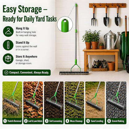 Heavy Duty Thatch Rake for Lawns - 13” Deep-Clean Dethatching Rake for Dead Grass & Moss Removal, Dual-Sided Manual Dethatcher and Scarifier Tool, 65" Long Metal Handle for Garden Yard Lawn Care