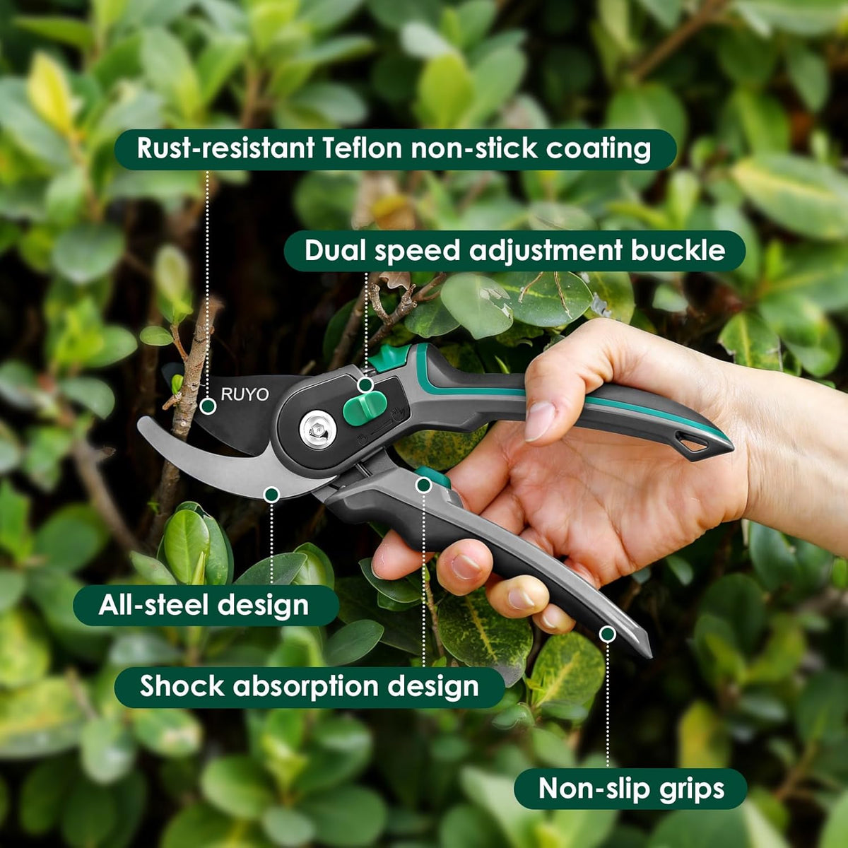 Bypass Pruning Shears, 3/4-Inch Cut Capacity Garden Clippers, Gardening Scissors with Sharp, Rust Resistant Steel Blade (Black, 3/4'')