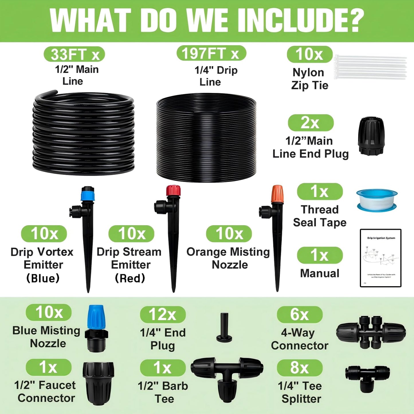 230FT Drip Irrigation System for Garden with 40 Nozzles & Emitters, Garden Watering System with 1/2" & 1/4" Tube and Barbed Fittings - Adjustable Sprinklers Kit for Greenhouse, Lawn, Raised Bed
