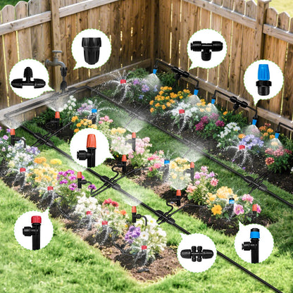230FT Drip Irrigation System for Garden with 40 Nozzles & Emitters, Garden Watering System with 1/2" & 1/4" Tube and Barbed Fittings - Adjustable Sprinklers Kit for Greenhouse, Lawn, Raised Bed