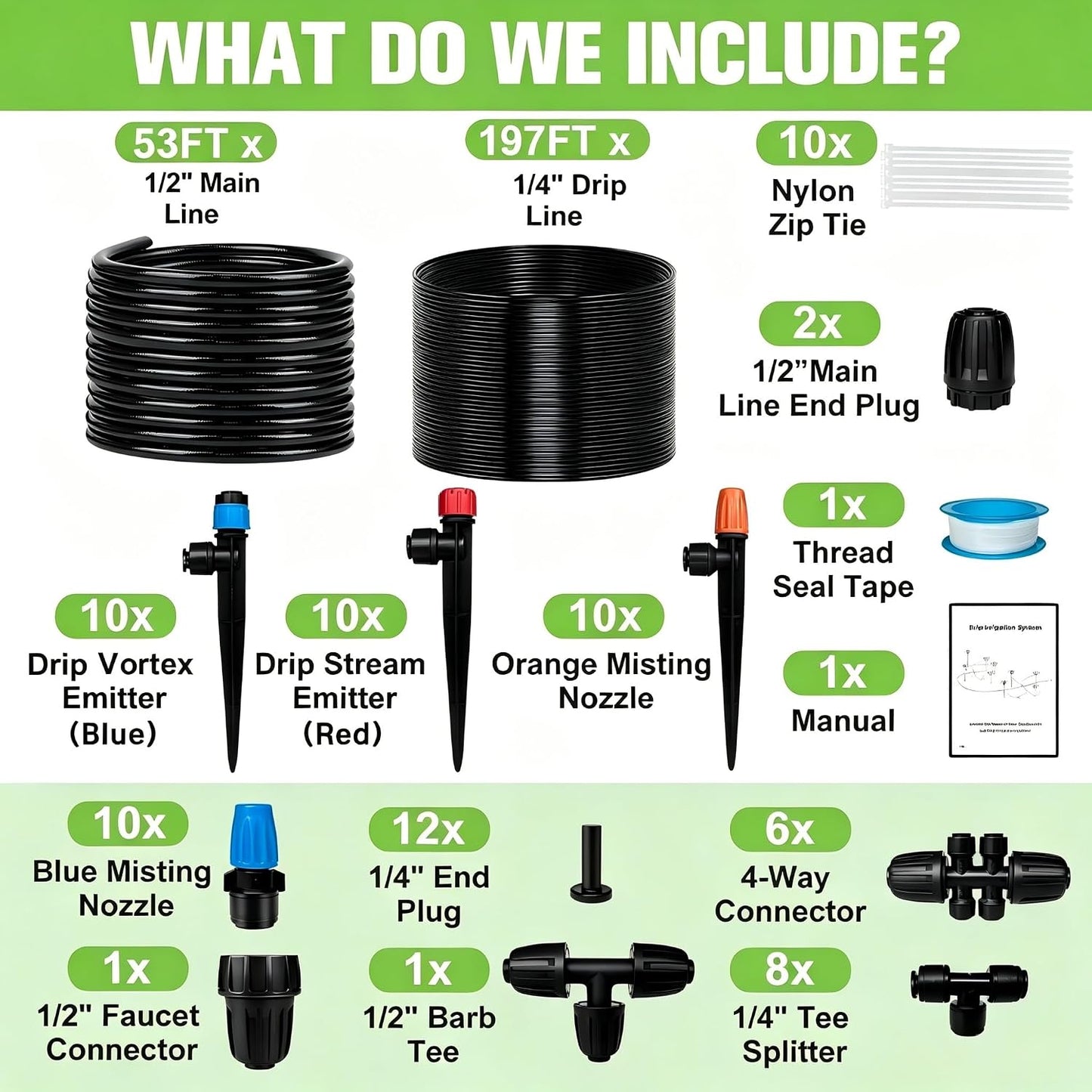 230FT Drip Irrigation System for Garden with 40 Nozzles & Emitters, Garden Watering System with 1/2" & 1/4" Tube and Barbed Fittings - Adjustable Sprinklers Kit for Greenhouse, Lawn, Raised Bed