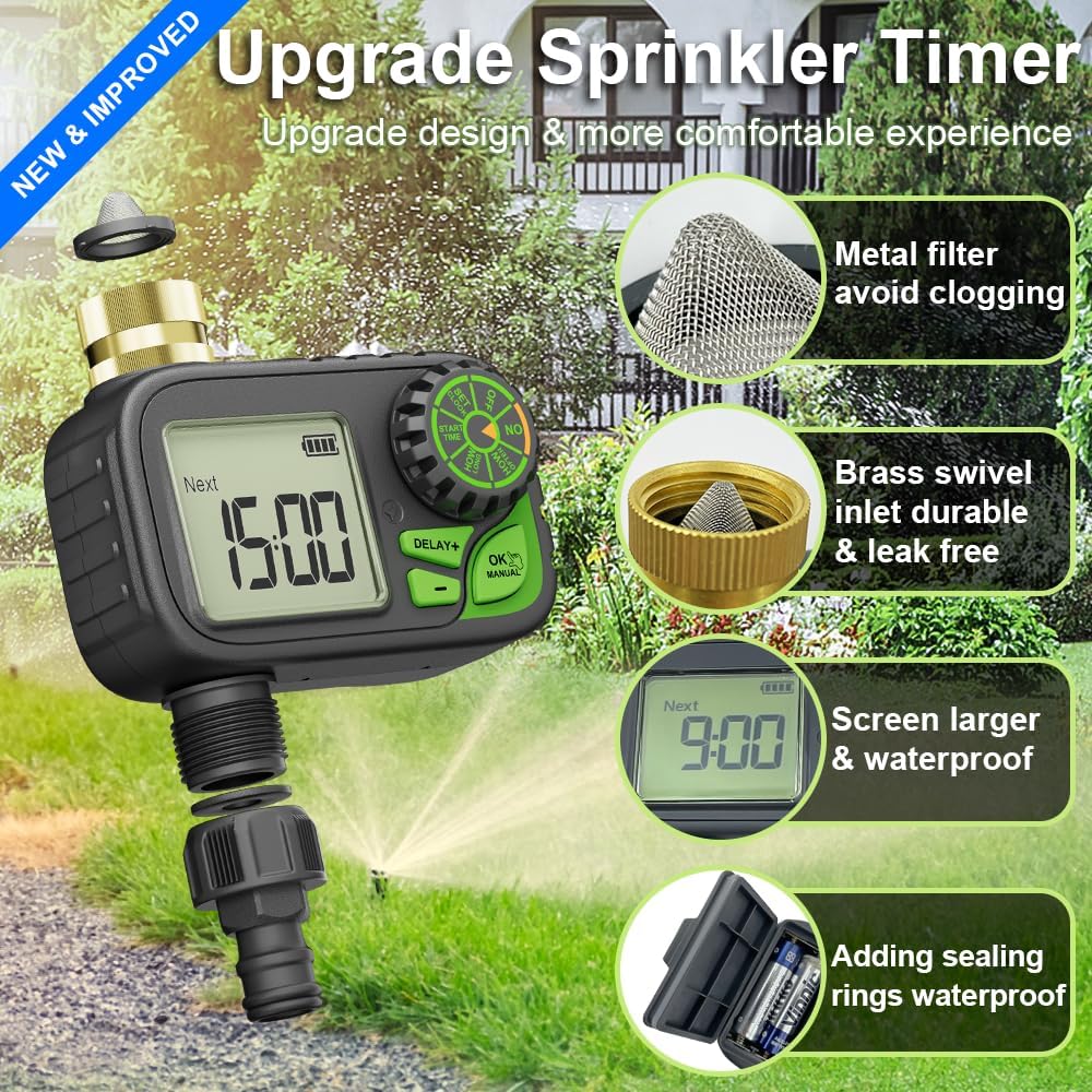 Sprinkler Timer Programmable Water Hose Timer with Rain Delay, Brass Inlet