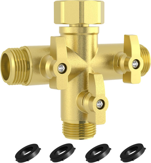 Heavy Duty Metal 3 Way + Type Garden Hose Splitter with Shut-Off Valves, 3/4" High Flow Spigot Faucet Connectors with 4 Extra Silicone Washers(Golden)