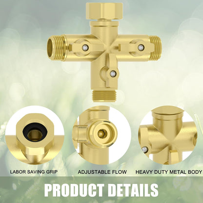 Heavy Duty Metal 3 Way + Type Garden Hose Splitter with Shut-Off Valves, 3/4" High Flow Spigot Faucet Connectors with 4 Extra Silicone Washers(Golden)