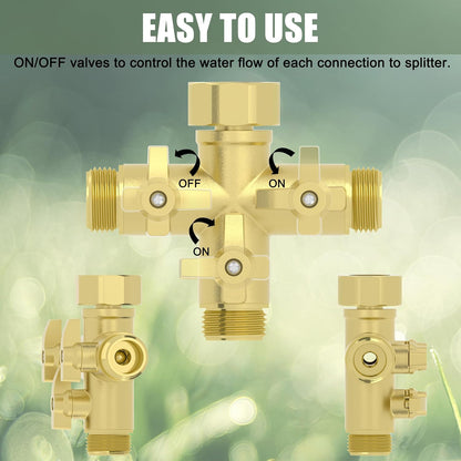 Heavy Duty Metal 3 Way + Type Garden Hose Splitter with Shut-Off Valves, 3/4" High Flow Spigot Faucet Connectors with 4 Extra Silicone Washers(Golden)