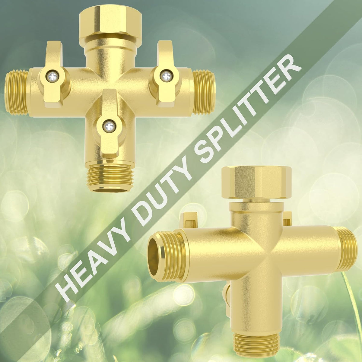 Heavy Duty Metal 3 Way + Type Garden Hose Splitter with Shut-Off Valves, 3/4" High Flow Spigot Faucet Connectors with 4 Extra Silicone Washers(Golden)
