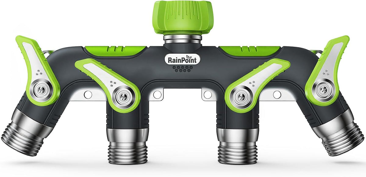 4 Way Garden Hose Splitter, 100% Metal Heavy Duty Water Hose Splitter with Individual Shut-Off Valves, 3/4" GHT High Flow Outdoor Faucet Splitter, 1.81" Extra Long Handle (Green)