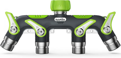 4 Way Garden Hose Splitter, 100% Metal Heavy Duty Water Hose Splitter with Individual Shut-Off Valves, 3/4" GHT High Flow Outdoor Faucet Splitter, 1.81" Extra Long Handle (Green)