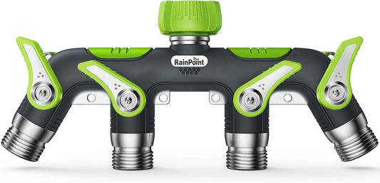 4 Way Garden Hose Splitter, 100% Metal Heavy Duty Water Hose Splitter with Individual Shut-Off Valves, 3/4" GHT High Flow Outdoor Faucet Splitter, 1.81" Extra Long Handle (Green)