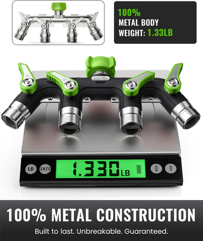 4 Way Garden Hose Splitter, 100% Metal Heavy Duty Water Hose Splitter with Individual Shut-Off Valves, 3/4" GHT High Flow Outdoor Faucet Splitter, 1.81" Extra Long Handle (Green)
